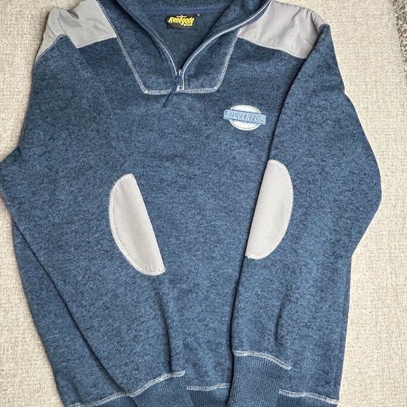 Renegade Club Men’s Sweater Fleece Pullover Small Blue w/ Gray Patches Half Zip - Picture 3 of 8